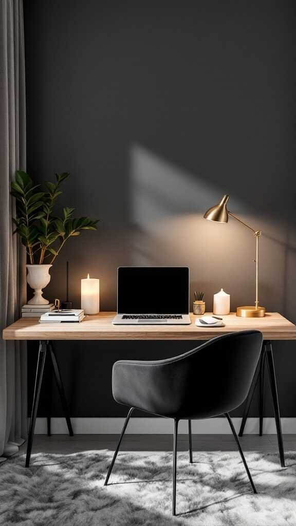 A modern minimalist home office setup featuring a wooden desk, laptop, stylish lamp, candles, and a small plant.