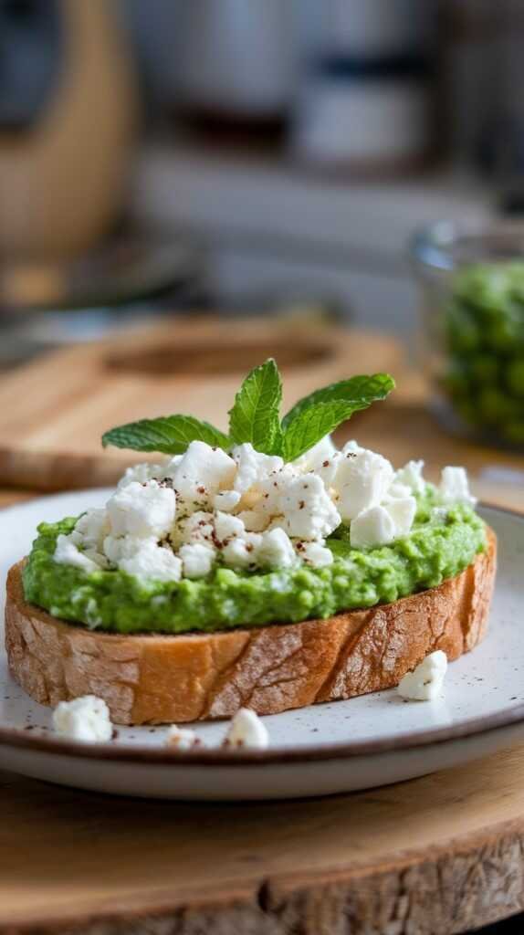 Minty Pea and Feta Toast on a slice of bread with fresh peas and feta