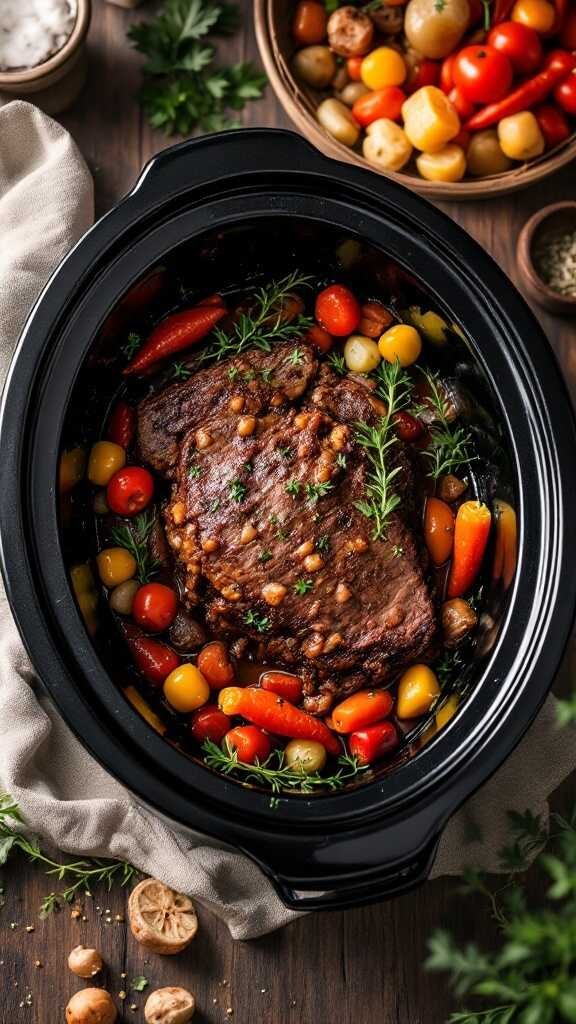 A delicious Mississippi Pot Roast prepared in a slow cooker with colorful vegetables.