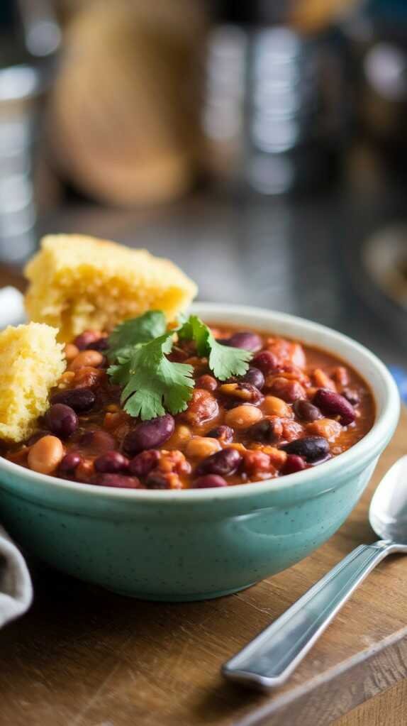 A bowl of mixed bean chili garnished with cilantro, served with cornbread on the side.