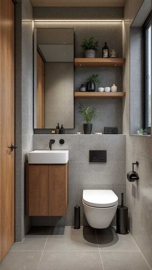 A modern small bathroom showcasing a mix of gray tiles and wooden accents.