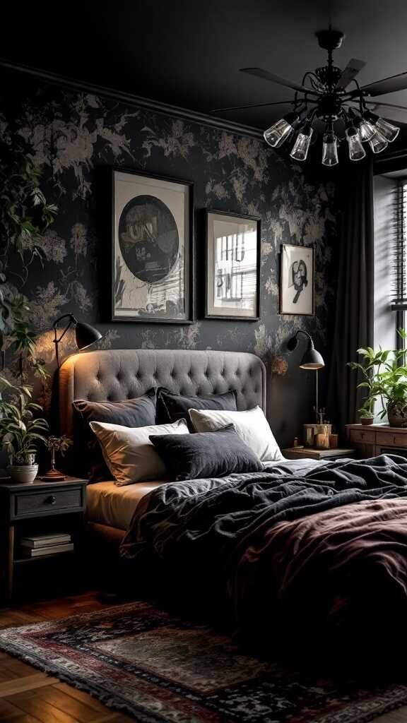 A dark bedroom with a vintage tufted headboard, layered blankets, and modern chandelier, featuring plants and framed artwork.