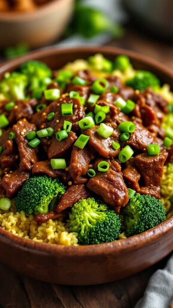 A bowl of Mongolian beef with broccoli and green onions.
