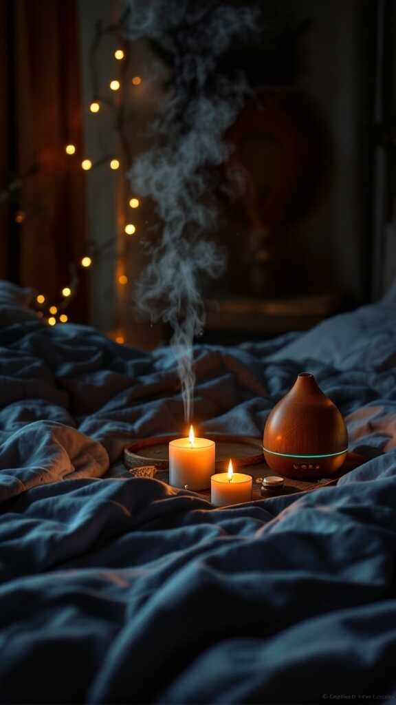 A cozy dark bedroom scene with candles and a diffuser, creating a serene atmosphere.