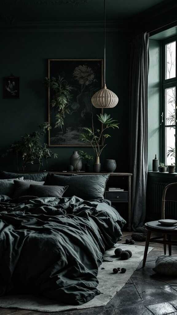 A dark and moody bedroom featuring deep green walls, layered bedding, and plants