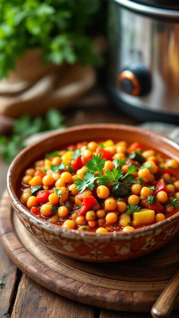 A bowl of Moroccan Chickpea Stew featuring colorful vegetables and chickpeas garnished with fresh herbs.