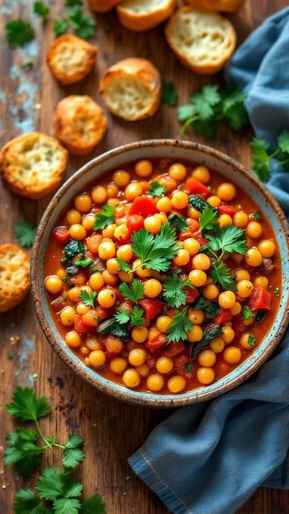 A bowl of Moroccan chickpea stew garnished with cilantro and served with bread.