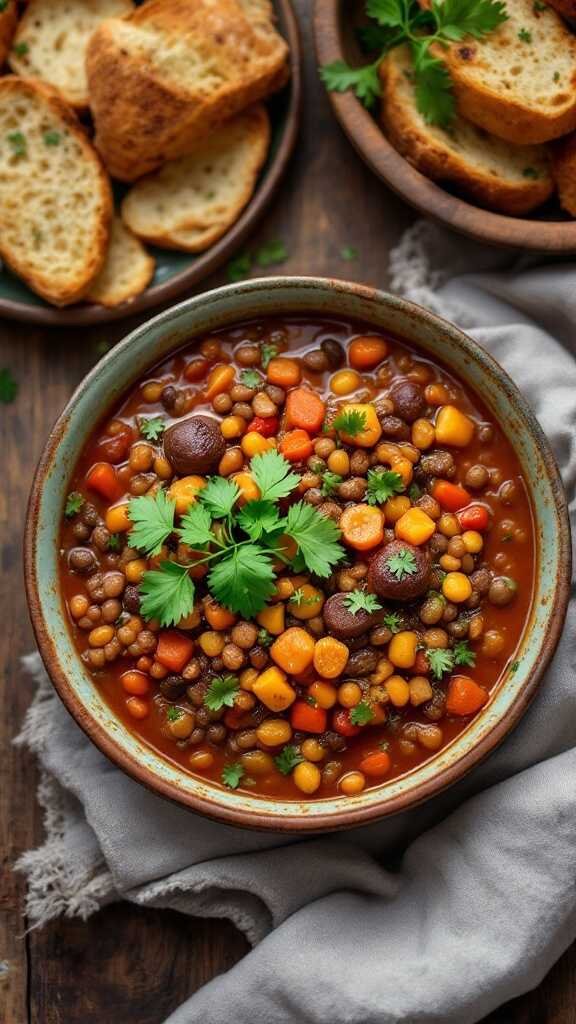 Bowl of Moroccan lentil stew with various vegetables and herbs