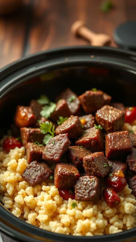 A bowl of Moroccan spiced beef served over couscous, garnished with cilantro.