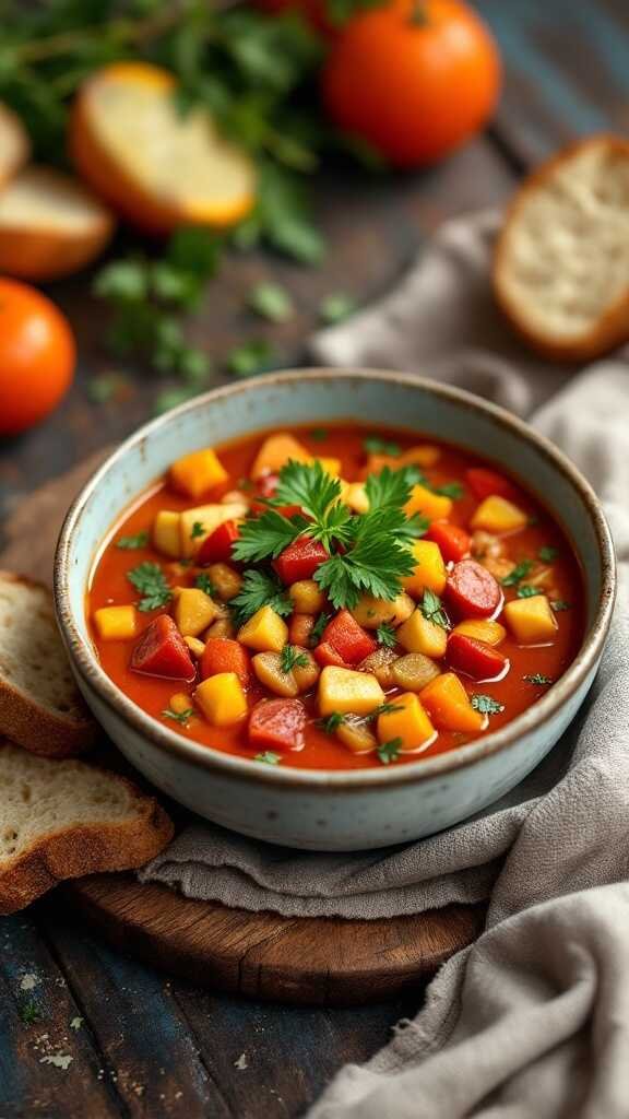 A bowl of Moroccan vegan soup filled with colorful vegetables and garnished with fresh herbs.