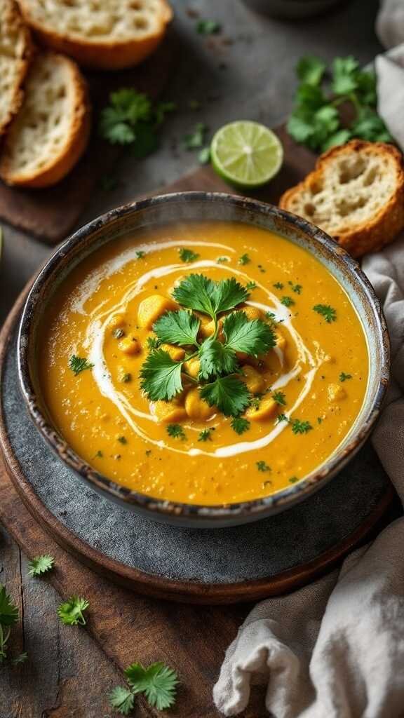 A bowl of Mulligatawny Soup garnished with cilantro and lime.