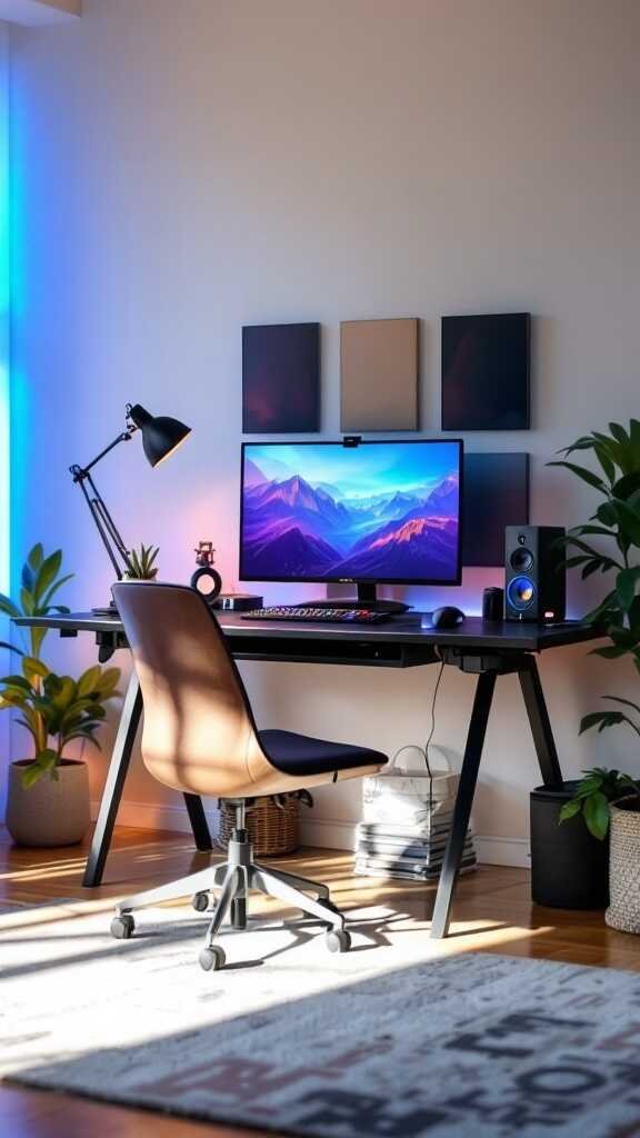 A modern gaming setup featuring a desk with a monitor, comfortable chair, and plants in a well-lit room.