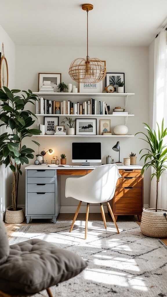 A modern home office featuring a desk, comfortable chair, and decorative plants.