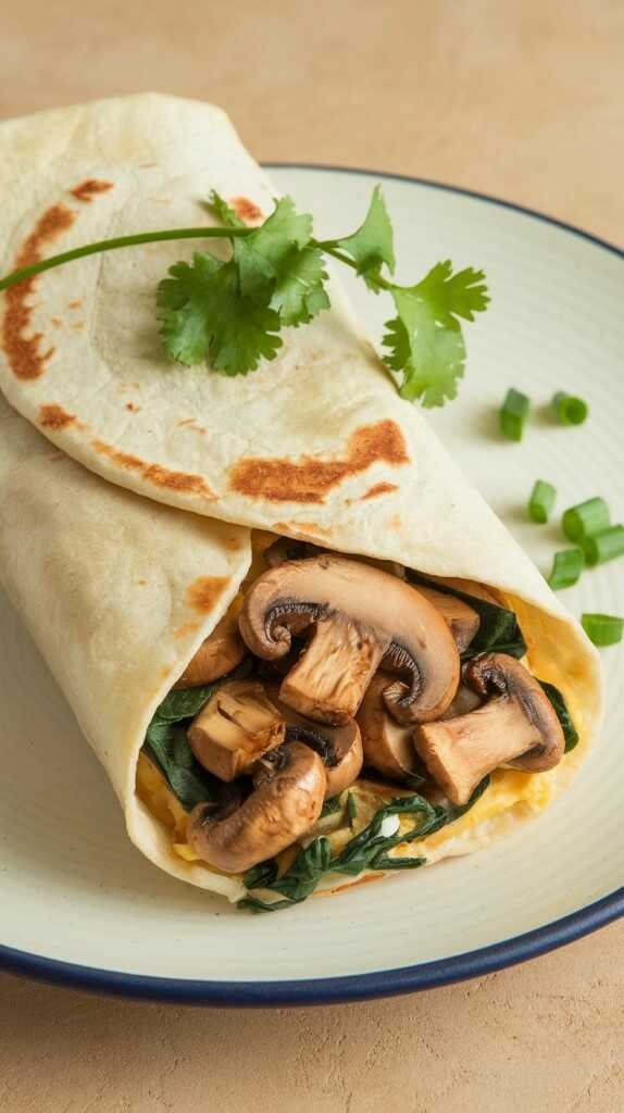 A delicious mushroom and spinach breakfast burrito wrapped in a tortilla.