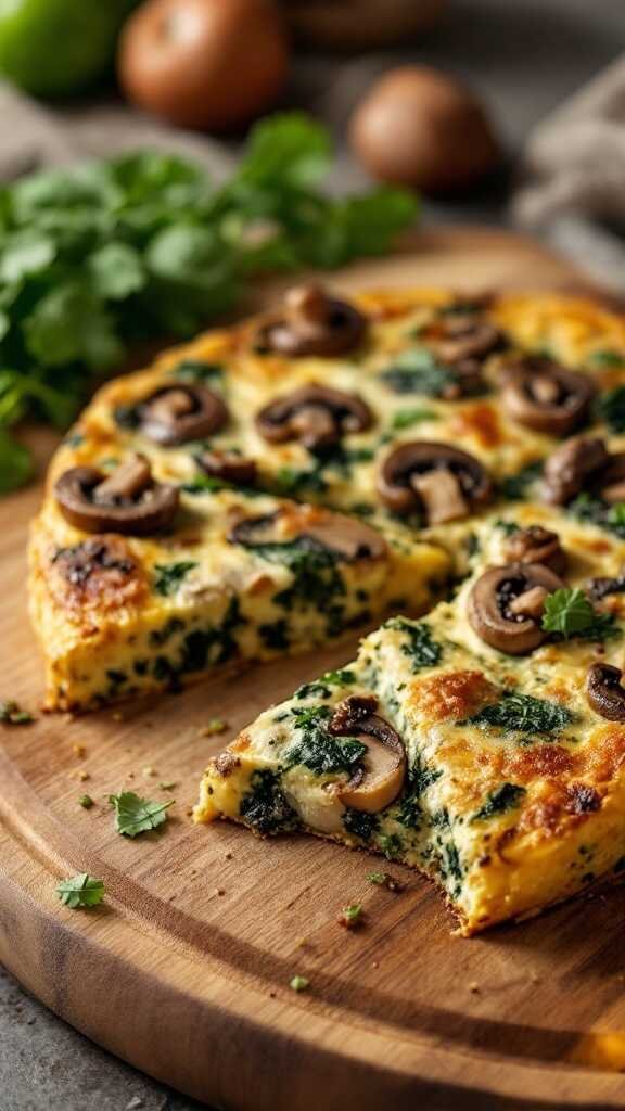 Mushroom and Spinach Frittata on a wooden cutting board