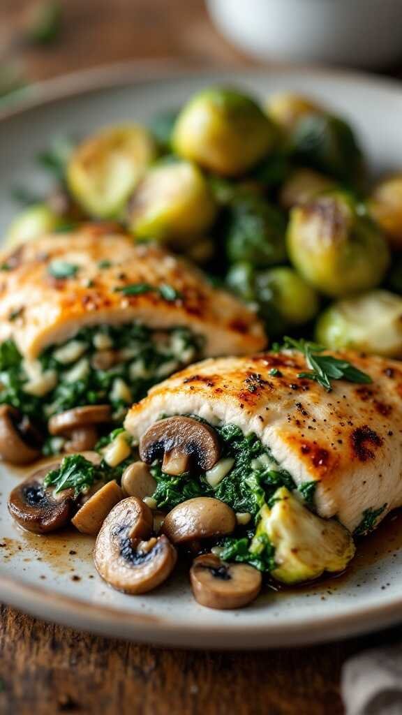 Mushroom and Spinach Stuffed Chicken dish served with vegetables.