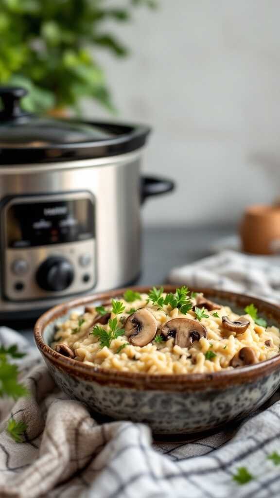 A bowl of creamy mushroom risotto garnished with parsley, next to a crockpot.