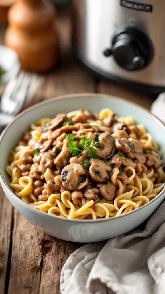 Vegan mushroom stroganoff served over pasta in a bowl.