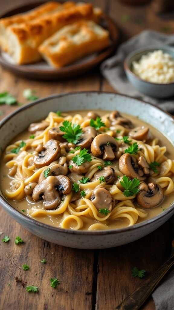 A bowl of creamy mushroom stroganoff served with pasta and garnished with parsley.