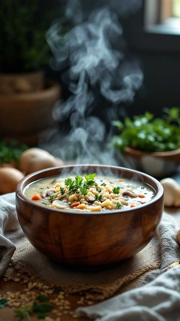 A bowl of steaming Mushroom Wild Rice Soup garnished with fresh herbs.