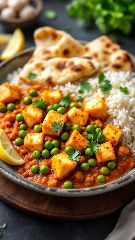 A plate of Mutter Paneer with green peas and paneer cubes served with rice and naan.