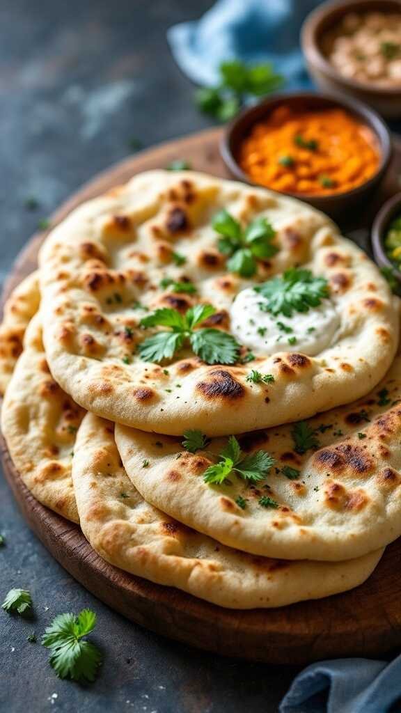 Freshly made naan bread garnished with herbs, served on a wooden platter