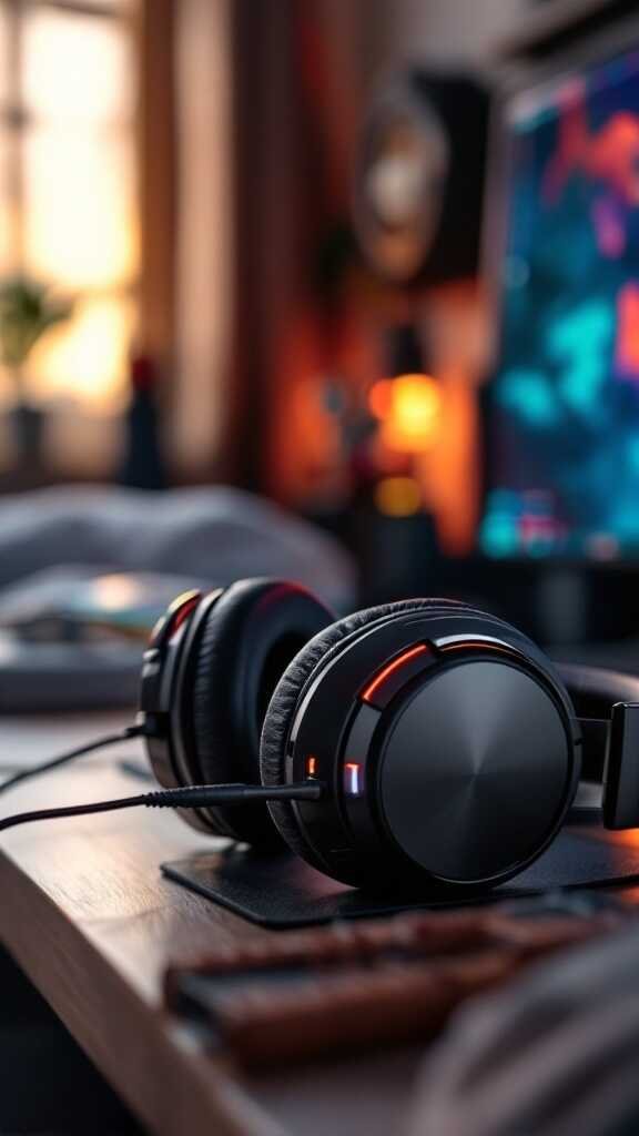 A pair of sleek noise-cancelling headphones on a desk near a gaming monitor