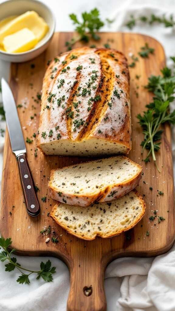 Nut-free keto bread with herbs on a wooden board