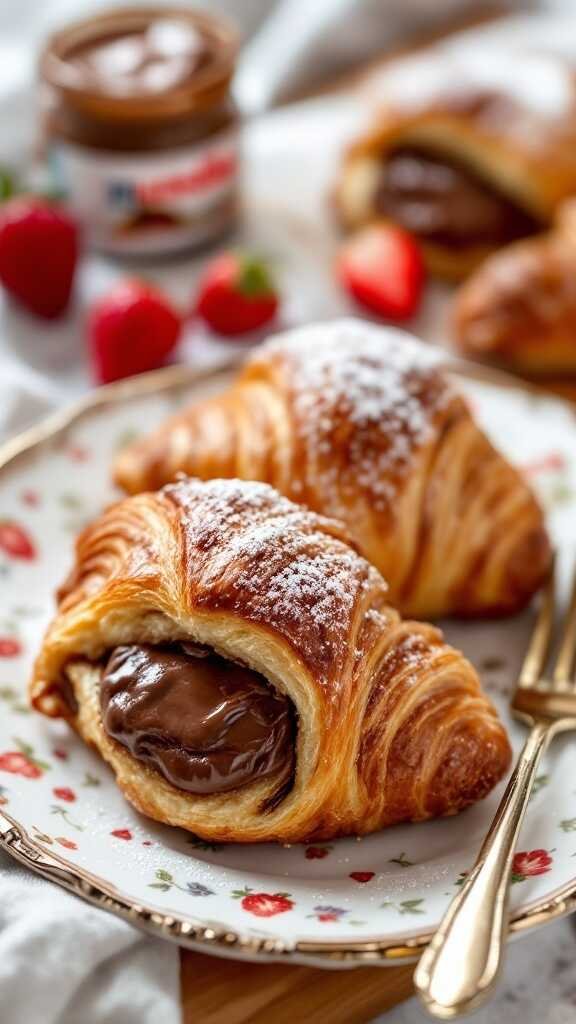 Nutella stuffed croissants served on a floral plate with strawberries