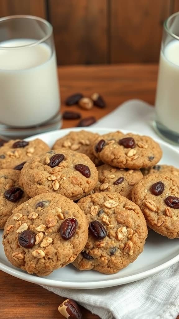 A white plate with oatmeal raisin cookies topped with nuts and raisins on a wooden table. Two glasses of milk are in the background, creating a cozy atmosphere.