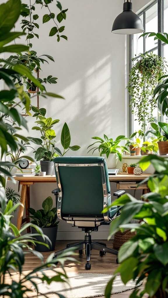 A modern home office filled with various plants, showcasing a desk and chair.
