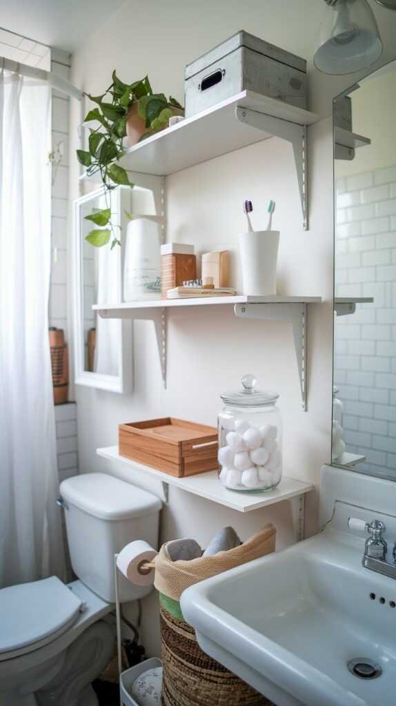 Modern small bathroom with open shelving displaying towels and toiletries.