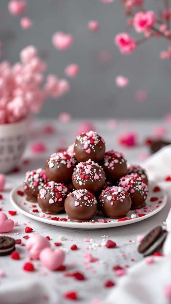 A plate of festive Oreo balls decorated with pink and red sprinkles for Valentine's Day.