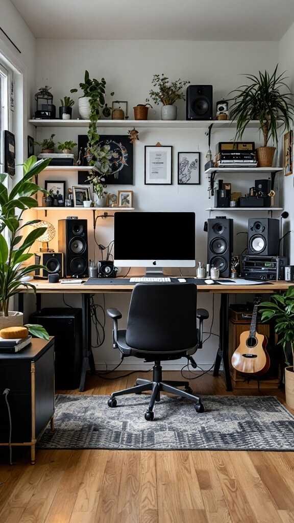 A tidy home office with organized cable management and greenery.