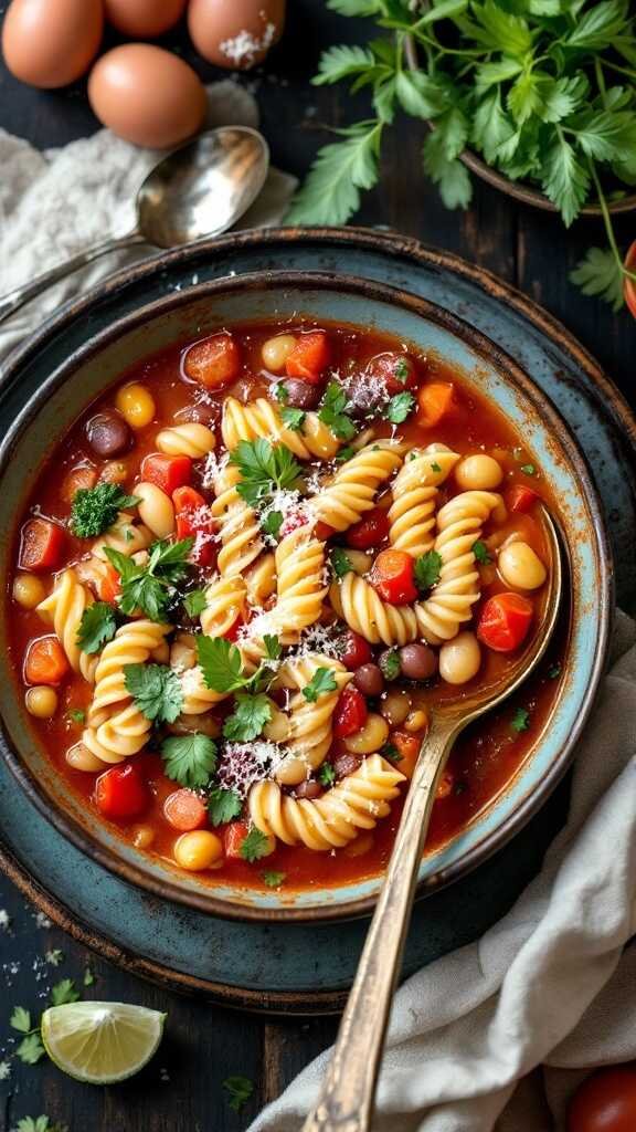 A colorful bowl of minestrone soup with pasta and vegetables, garnished with parsley.