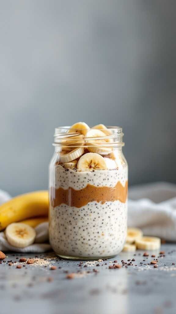 A jar of overnight oats with almond butter and banana slices on top.