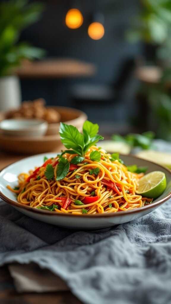 A plate of Pad Mee Korat with colorful vegetables and herbs.