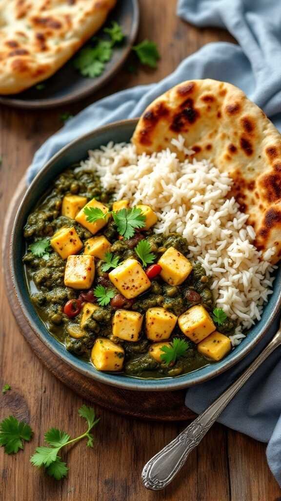 A bowl of Palak Paneer served with rice and naan