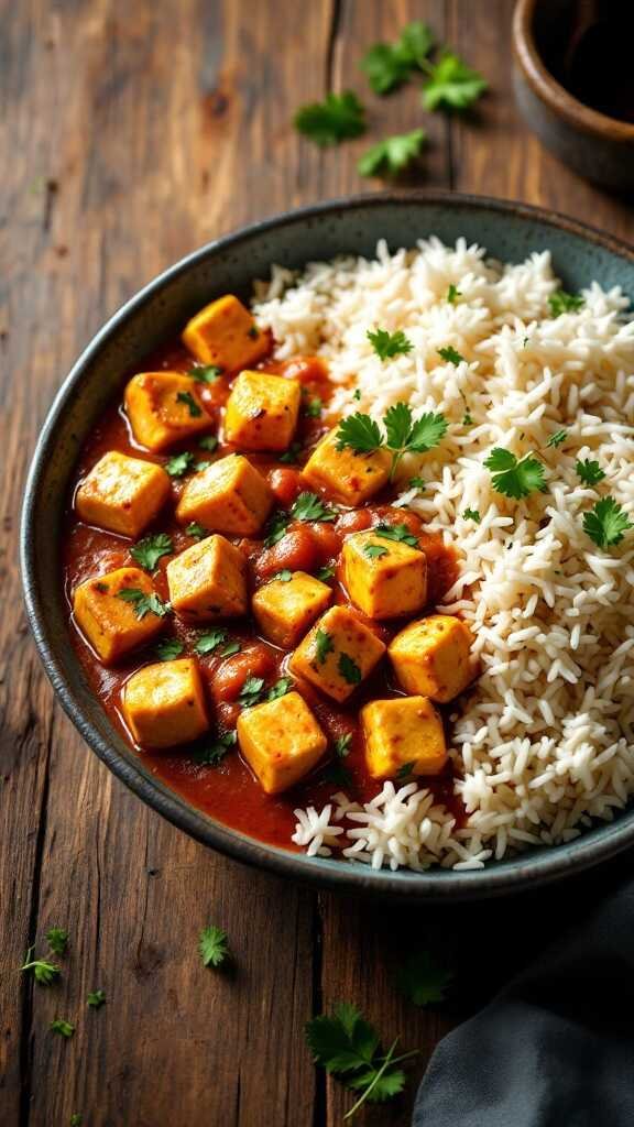 A bowl of paneer in curry sauce served with rice