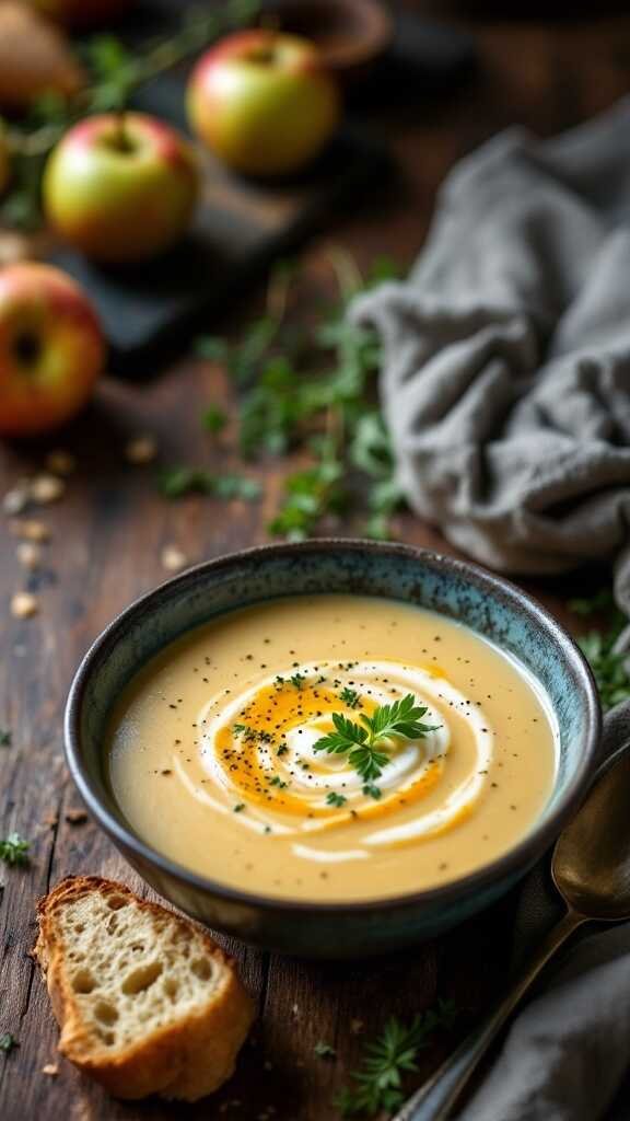 Bowl of parsnip and apple soup with a slice of bread