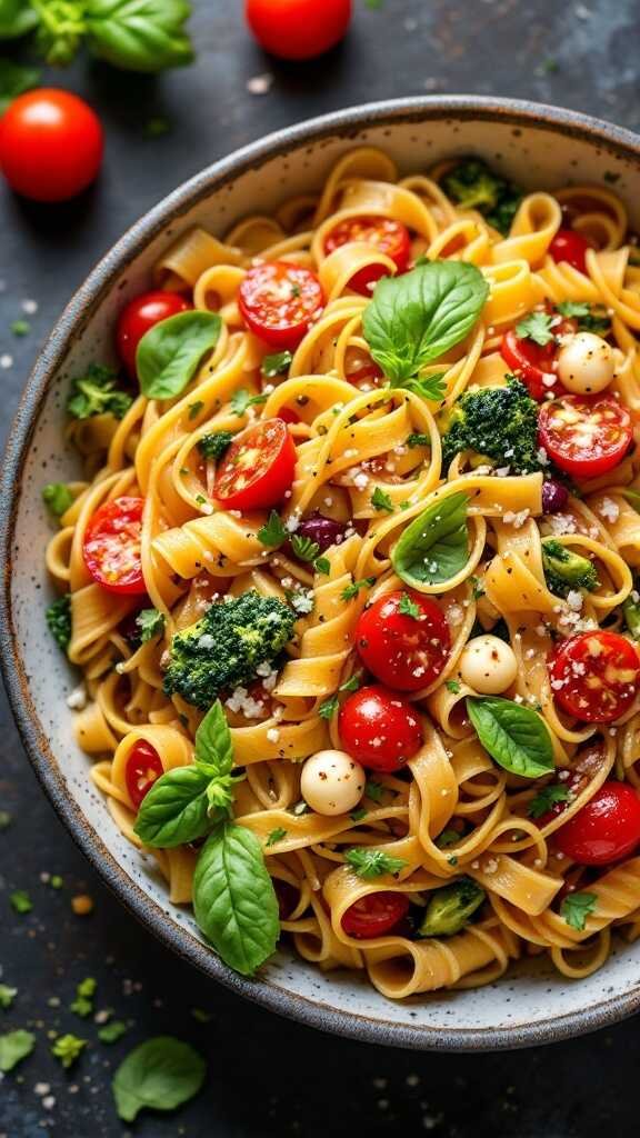 A bowl of Pasta Primavera with colorful vegetables and basil.