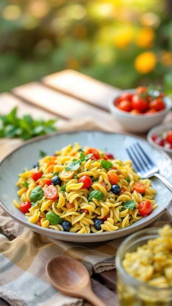 A colorful plate of Pasta Primavera with fresh vegetables and pesto sauce.