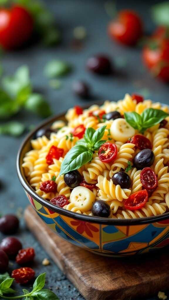 A vibrant bowl of pasta salad with sun-dried tomatoes, olives, and basil