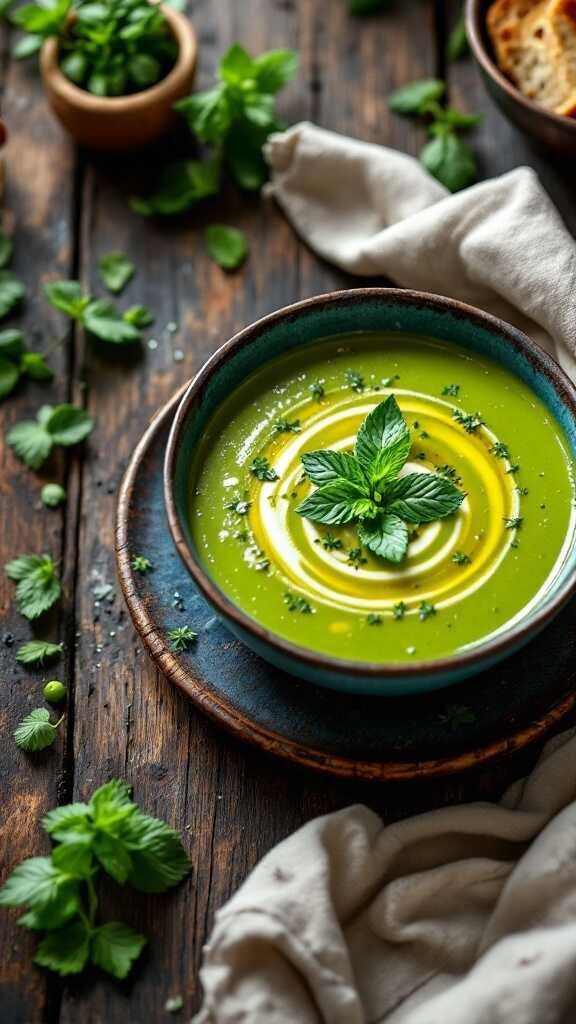 A bowl of vibrant green pea and mint soup garnished with fresh mint leaves.