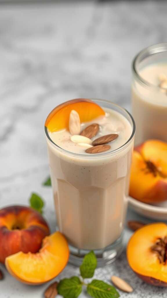 A refreshing peach and almond smoothie served in a glass, garnished with almonds and peach slices