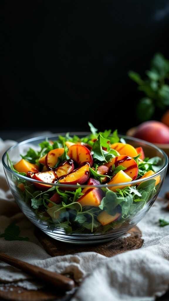 A vibrant salad made with arugula, peaches, and feta cheese.