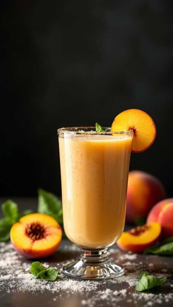 A refreshing peach and basil smoothie in a glass, garnished with a peach slice and basil leaf.