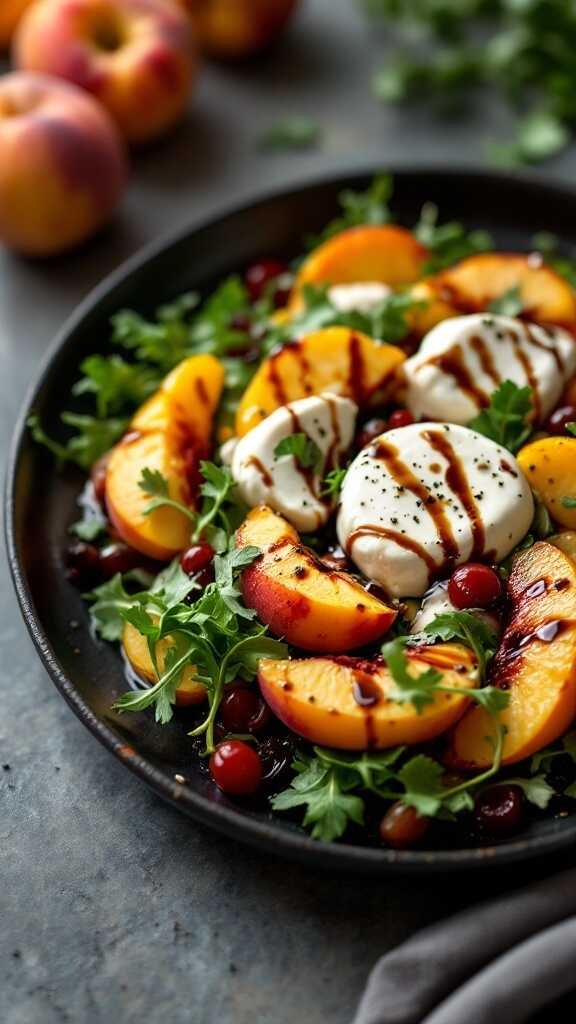 A vibrant Peach and Burrata Salad with fresh ingredients and balsamic glaze