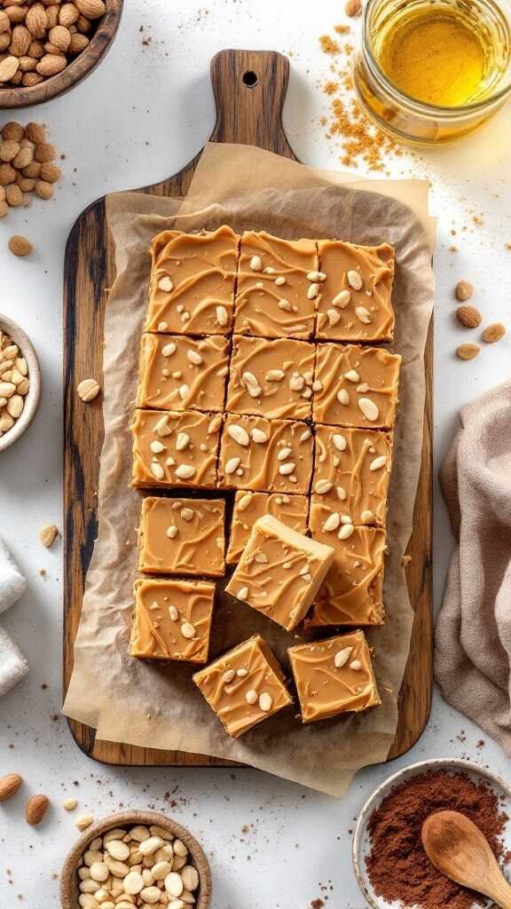 Delicious peanut butter fudge cut into squares on a wooden board with nuts and cocoa around it.