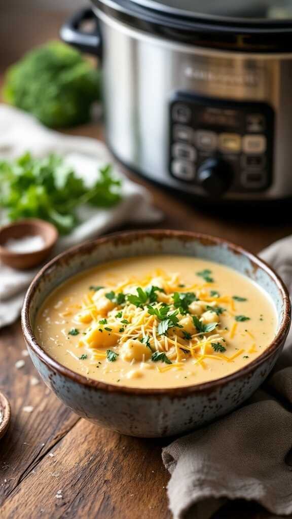 A bowl of creamy broccoli cheese soup topped with cheese and parsley, beside a slow cooker.